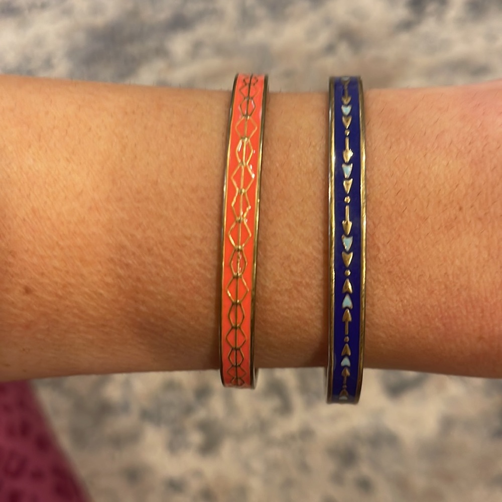 In ORIGINAL BOX -2 Stella & Dot Manchester Enamel Cuffs - blue & coral w/gold